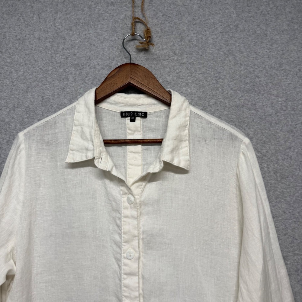Boho Chic Linen Tunic Women XL White 3/4 Sleeve Relaxed Top Lagenlook Minimalist - Picture 5 of 14
